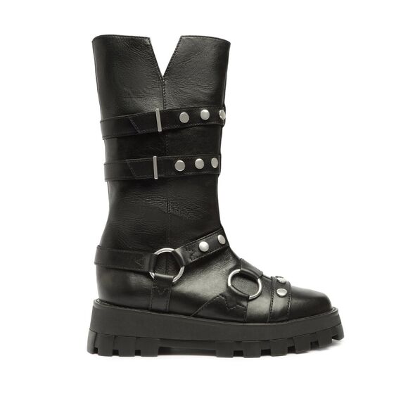 Schutz Iggy Leather Boot Black Round Toe Buckle Mid calf Wedge Studded 8